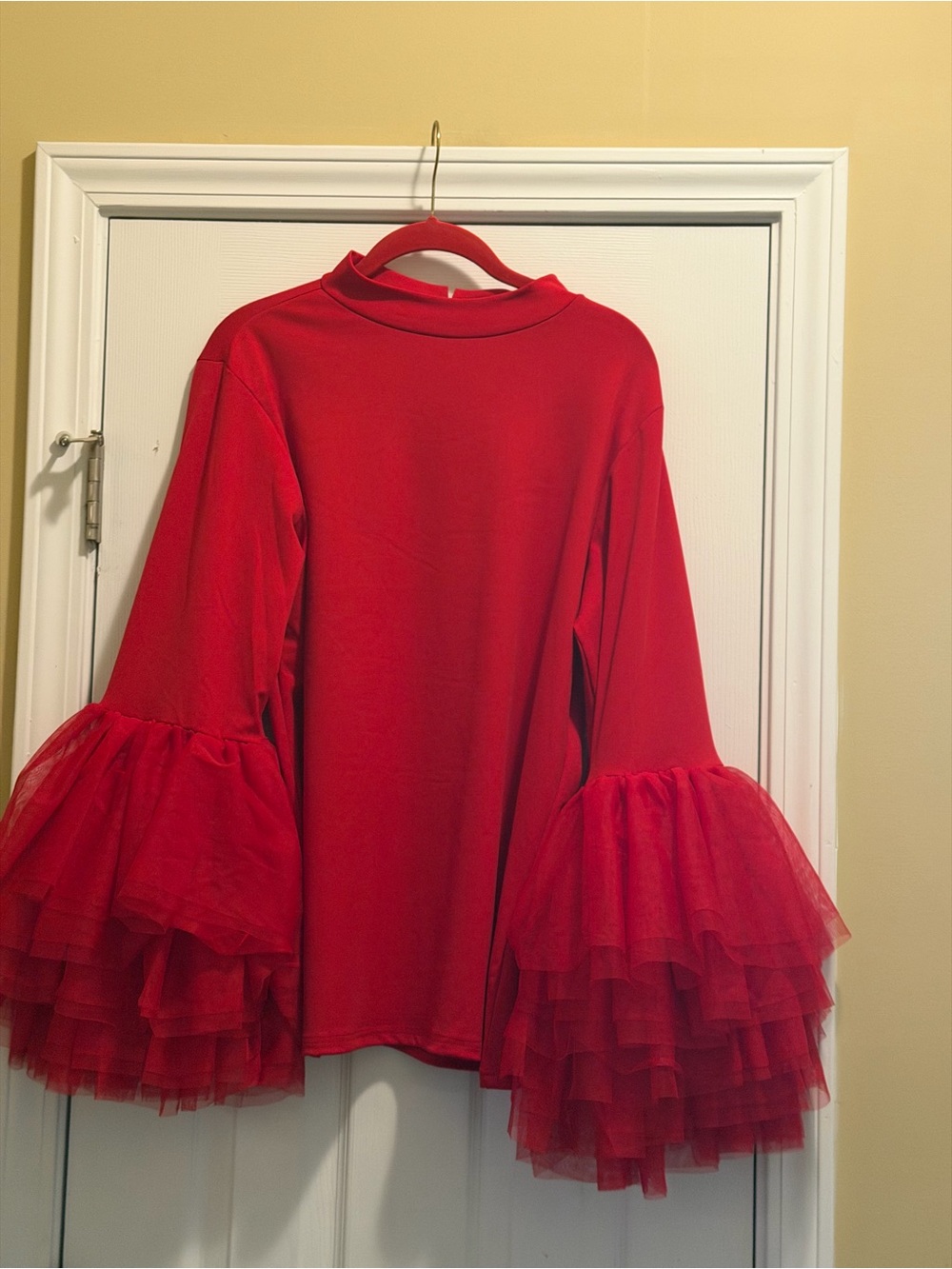 Red Knit Ruffle Sleeves Top - Picture 3 of 15